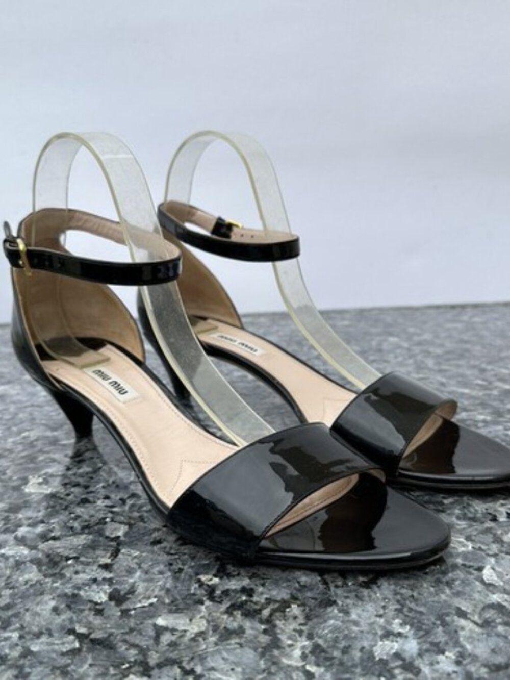 MIU MIU Ankle Strap Buckle Black Patent Leather Kitten Heels Size 39.5